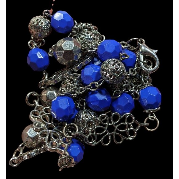 Floral Blue And Silver Tone Beaded Necklace - Picture 3 of 6